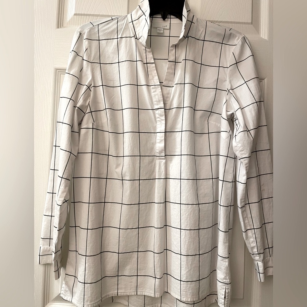 J JILL White/Black Cotton Tunic Top Button Down Long Sleeve Shirt